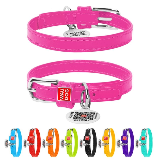 Ошейник для собак шкіряний WAUDOG Glamour з QR паспортом, без прикрас, Ш 9 мм, Дов 18-21 см, розовий