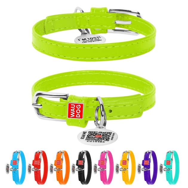Ошейник для собак шкіряний WAUDOG Glamour з QR паспортом, без прикрас, Ш 9 мм, Дов 18-21 см, салатовий