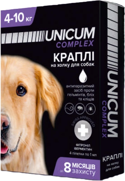 Краплі Unicum Premium від бліх, кліщів та гельмінтів на холку для собак 4-10 кг 4 шт (4820150202514)