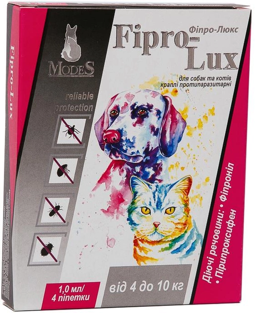 Краплі ModeS Фіпро-Люкс протипаразитарні для собак і котів 4 -10 кг, 4 шт х 1 мл (4820254820126)