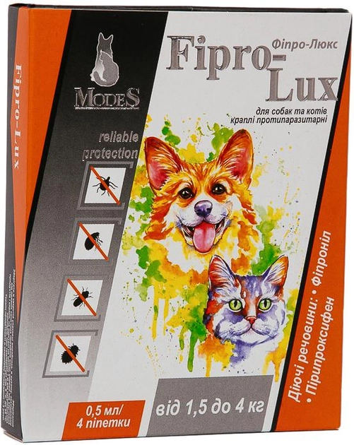 Краплі ModeS Фіпро-Люкс протипаразитарні для собак і котів 1.5 -4 кг, 4 шт х 0.5 мл (4820254820089)
