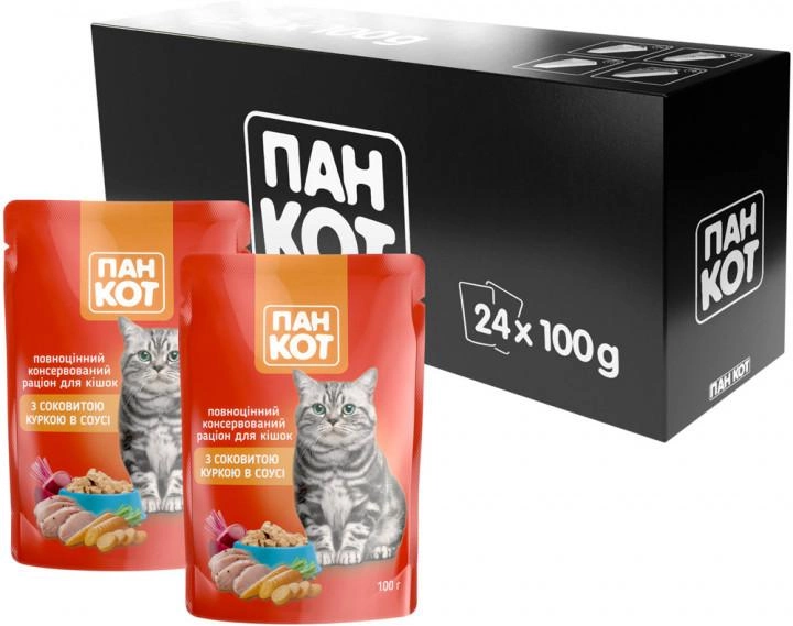 Вологий корм Пан Кіт з соковитою куркою в соусі (100гр.х24шт) 2,4 кг