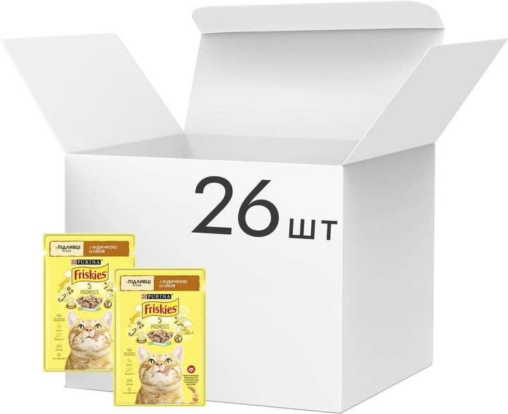 Упаковка вологого корму для кішок Purina Friskies шматочки в підливі з індичкою 26 шт по 85 г (7613036965255)