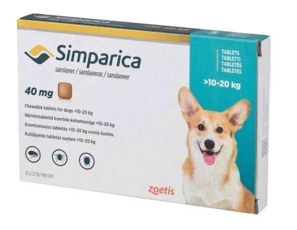 Жувальні таблетки від бліх і кліщів Simparica (Сімпаріка) для собак вагою 10-20 кг