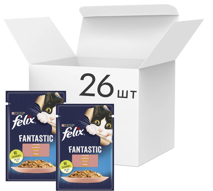 Упаковка вологого корму для котів Purina Felix Fantastic з лососем у желе 26 шт. по 85 г (7613039832929)