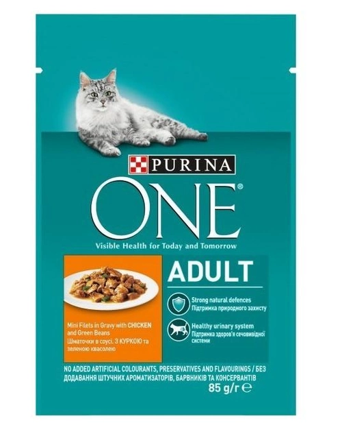 Вологий корм для кішок Purina One Adult шматочки в соусі з куркою і зеленою квасолею 85г (22021212)