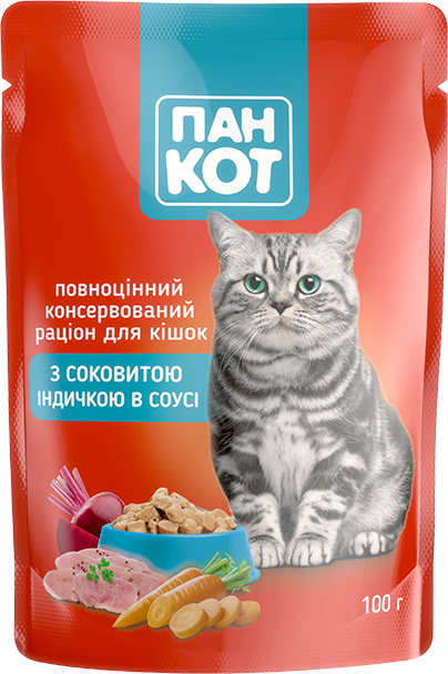 Вологий корм Пан Кіт з соковитою індичкою в соусі (100гр.х24шт) 2,4 кг