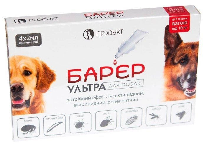 Краплі Бар'єр Ультра Продукт від бліх та кліщів для собак від 10 до 20 кг 4 піпетки по 2 мл
