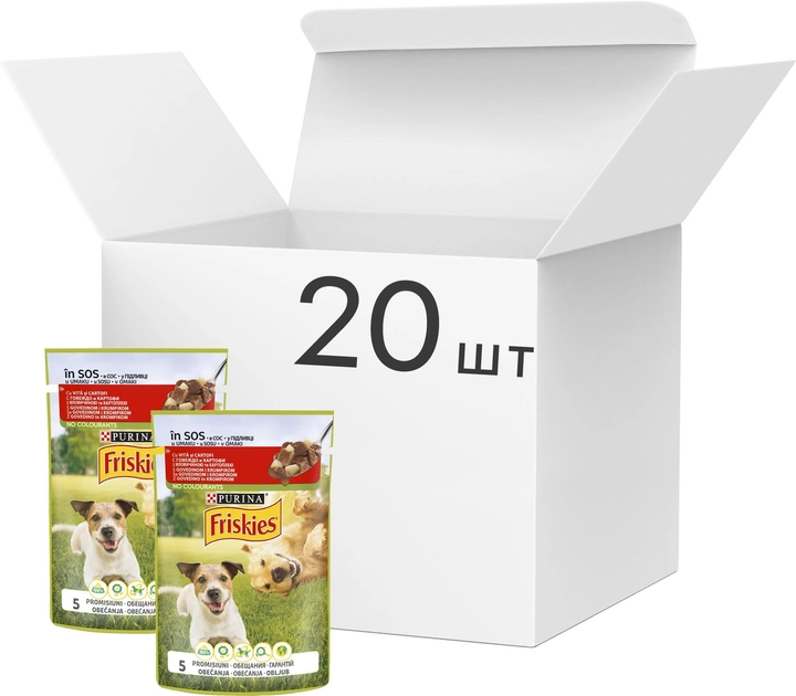 Упаковка вологого корму для дорослих собак Purina Friskies Adult з яловичиною та картоплею 20 шт. по 100 г (7613035800830)