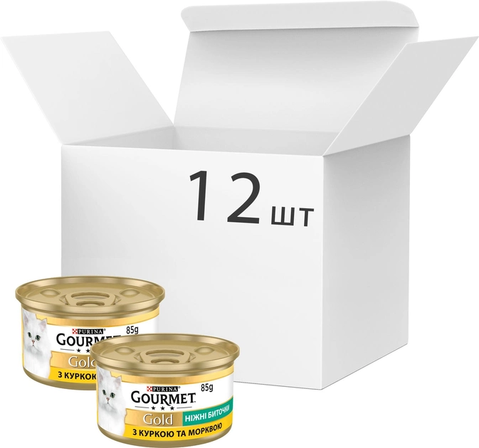 Упаковка вологого корму для кішок Purina Gourmet Gold Ніжні биточки з куркою і морквою 12 шт по 85 г (7613035442214)