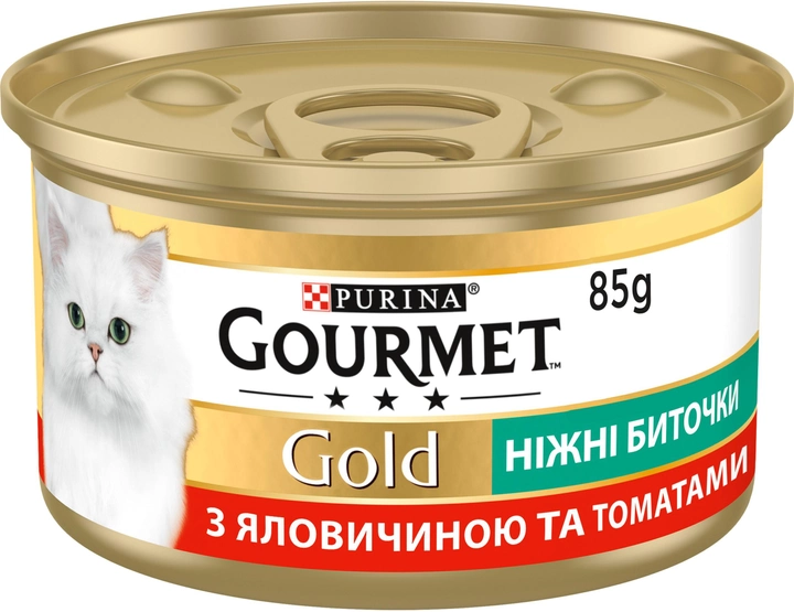 Упаковка вологого корму для кішок Purina Gourmet Gold Ніжні биточки з яловичиною і томатами 12 шт по 85 г (7613035442481)