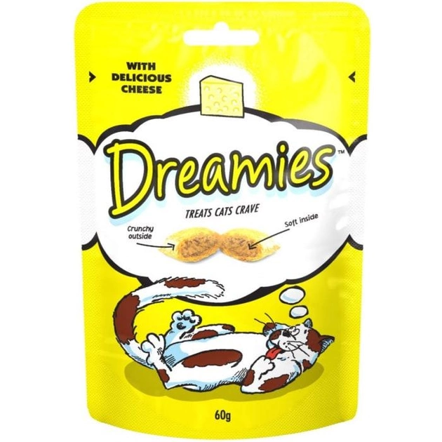 Ласощі Dreamies з сиром для дорослих котів та кошенят старше 8 тижнів 60г