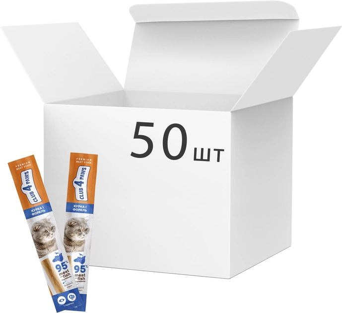 Упаковка ласощів для кішок Club 4 Paws Premium м'ясна паличка з куркою та фореллю 0.005 кг x 50 шт (4820215362450)